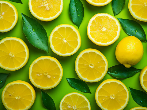 Vibrant yellow lemons stand out against a green geometric backdrop