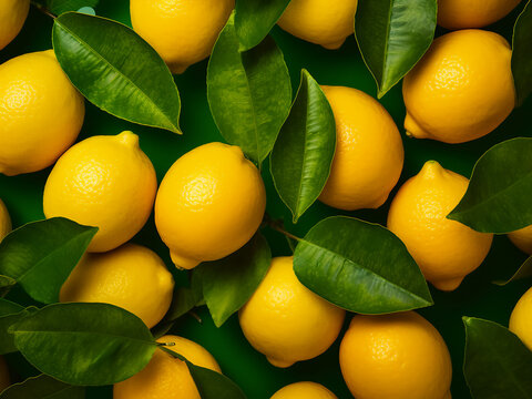 Green geometric patterns serve as the backdrop for striking yellow lemons