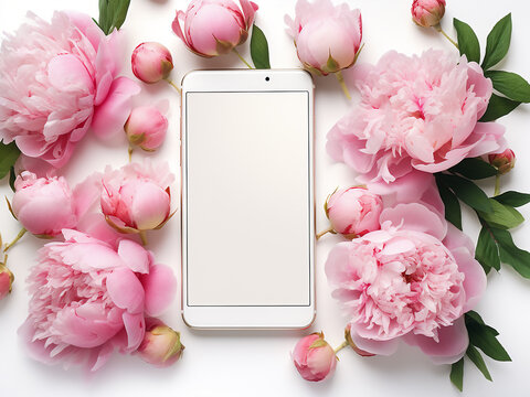 A flat lay composition showcases a cell phone encircled by pink peonies on white