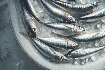 Close-up shot of sardines arranged on a white plate