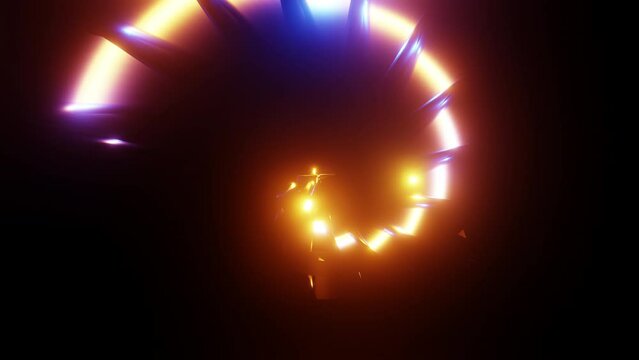 Abstract geometric spiral transformation with blue and yellow highlights neon vj loop 3d render. Motion graphic for night club, disco, nightlife, dj set, music festival