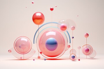 the circles in different colors are placed in the middle of a light pink background, in the style of futuristic surrealism, glass material