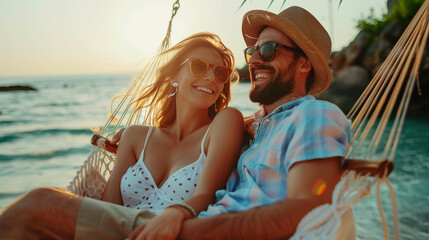 Happy couple relaxing at hammock between palm trees on an idyllic tropical beach, beautiful ocean view. Exotic travel mood, summer vacation background concept. - obrazy, fototapety, plakaty