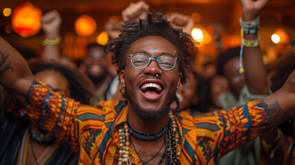 Obraz premium a group of HBCU students celebrating in the library,generative ai