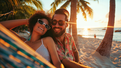 Happy couple relaxing at hammock between palm trees on an idyllic tropical beach, beautiful ocean sunset view. Exotic travel mood, summer vacation background concept.
