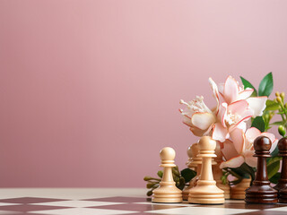 Chess board and flowers arranged on pink background offer text space