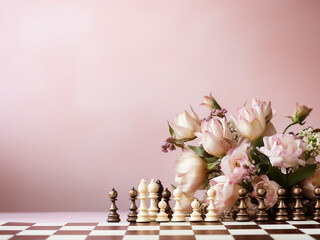 Pink background hosts chess board and flowers with text space