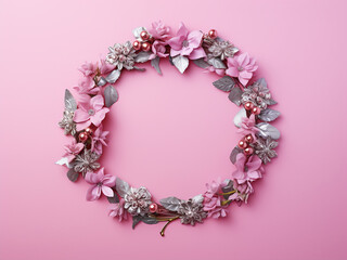 Vibrant Christmas wreath adorning pink background, allowing for customization