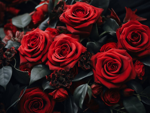 Red bouquet on black background offers a chic and stylish floral arrangement