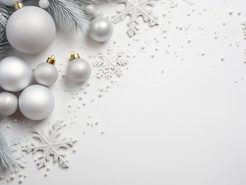 Top view of Christmas decorations on pastel gray background offers copy space