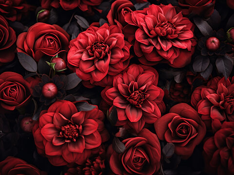 Black background accentuates the beauty of red bouquet flowers