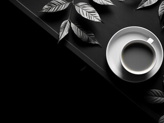 Minimalistic black and white close-up of a coffee cup and leaves
