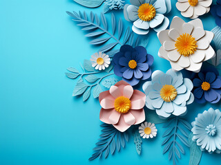 Flat lay composition features paper flowers on a blue background