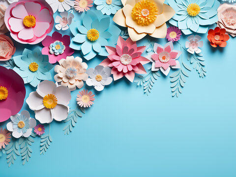 Festive background with paper flowers on blue, ideal for birthday cards
