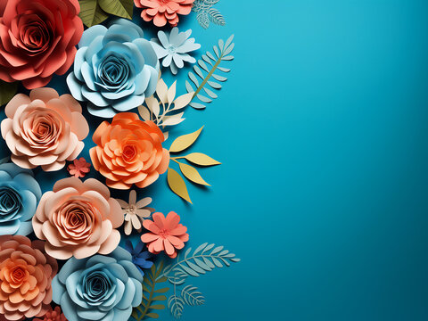 Paper flowers on blue backdrop offer space for birthday greetings