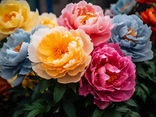 Bright peony blooms stand out against a natural background
