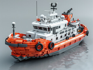 3D model of a white and red rescue boat in a Lego style - obrazy, fototapety, plakaty