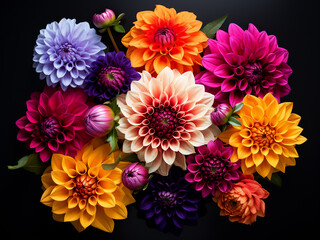 Vibrant dahlia and cynicism flowers laid out on white background