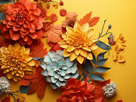Colorful flowers and leaves on yellow create a lively spring scene