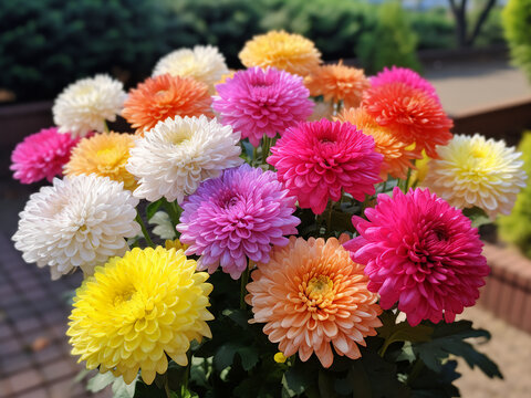 Vibrant chrysanthemum flowers stand out against a dark backdrop
