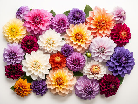 Flat lay view showcases colorful dahlia and cynicism flowers