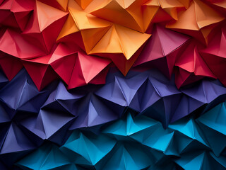 Close-up shot reveals the intricate patterns of colorful origami paper background