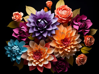 Colorful paper flowers contrast beautifully with a black backdrop