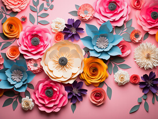 Flat lay composition features vibrant paper flowers on a pink background