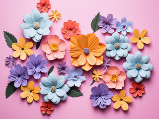 Vibrant paper flowers arranged flat on a pink background