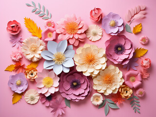 Top view showcases colorful paper flowers against a pink backdrop