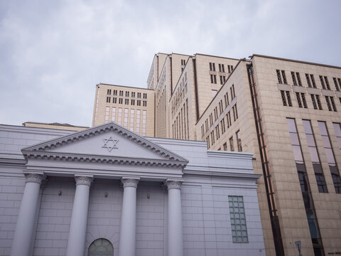 modern exterior of jewish synagogue in dnipro city