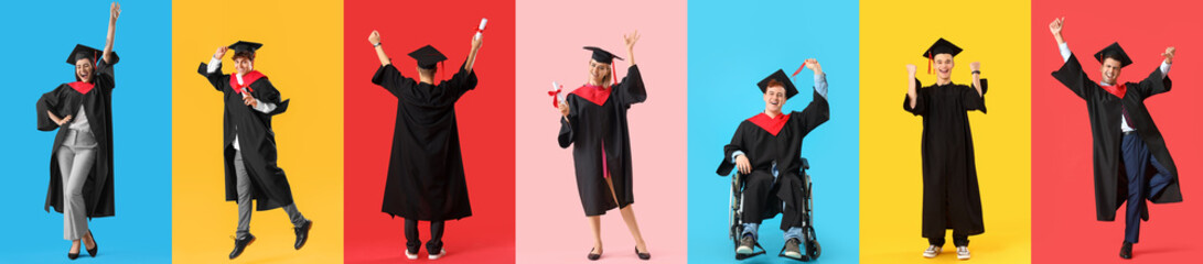 Group of happy graduating students on color background