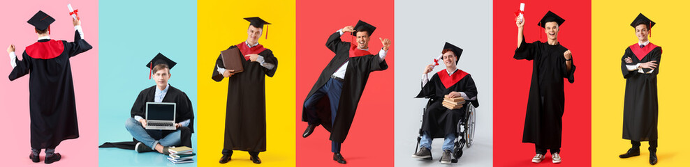 Collage of happy male graduating students on color background