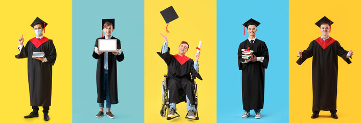 Collage of male graduating students on yellow and blue backgrounds