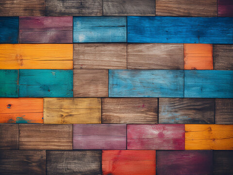 Vibrant hues adorn the abstract background of a colorful wooden wall