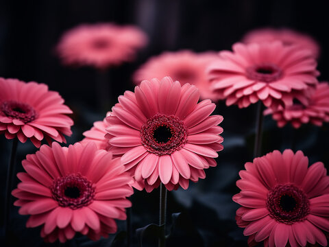 High-quality photo captures vibrant pink gerbera flowers at sunrise