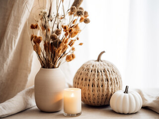Scandinavian minimalist decor features seasonal flowers and candles