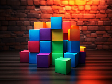 Vibrant 3D cubes against a brick wall create a conceptual image