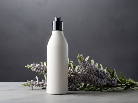 Cosmetic bottle with lupine flowers on a gray background