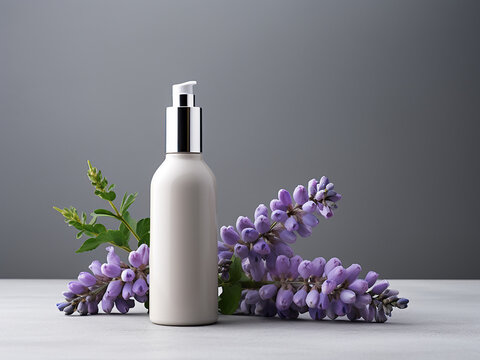 Organic spa concept showcased with cosmetic bottle and lupine flowers