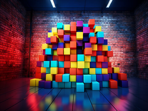 Brick wall background provides a setting for a conceptual image with colorful 3D cubes