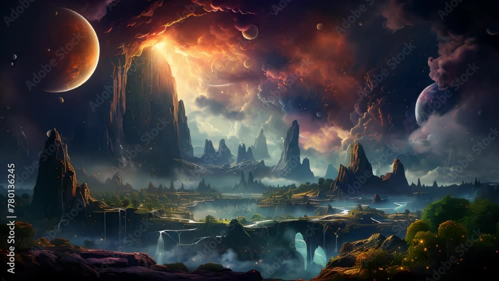 Poster space scene with futuristic planet surface and stars in open space with planets and galaxies