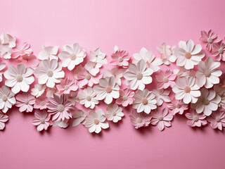 Fototapeta premium Paper flowers creatively arranged in a flat lay setup, emphasizing nature's allure