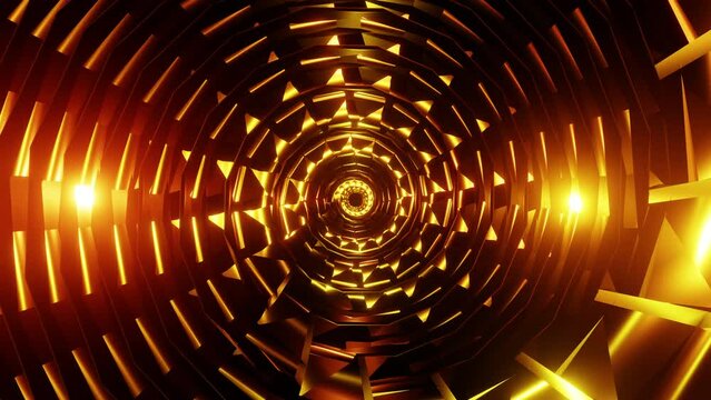 Screwing spiral disc VJ loop like a ribbed snail in yellow and golden glitter 3D render. Animation for DJ set, nightclub, music festival, disco show, kaleidoscope, mandala