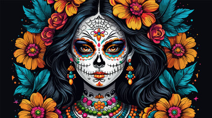 Woman With Sugar Skulls and Flowers on Her Face vector, illustration, 2d