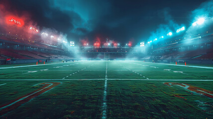 a football stadium at night with beamlights on a huge green field,generative ai - obrazy, fototapety, plakaty