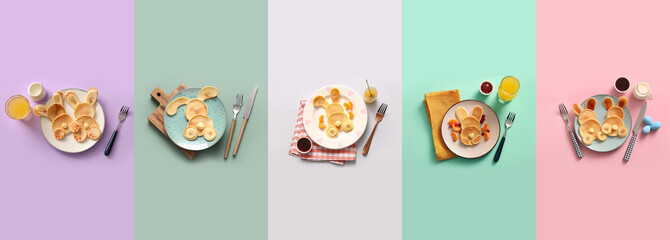 Collage of funny Easter bunny pancakes on color background, top view