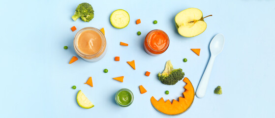 Composition with jars of healthy baby food and ingredients on color background