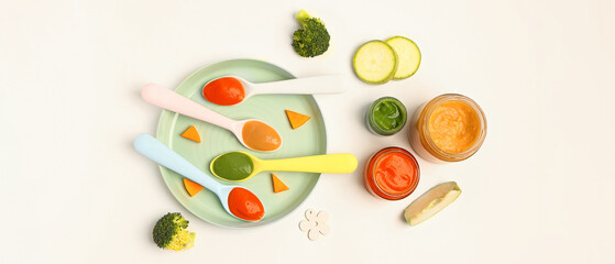 Composition with healthy baby food and vegetables on white background