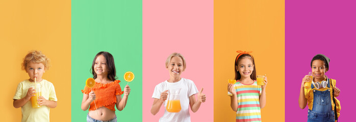 Group of little children with healthy citrus juices on color background